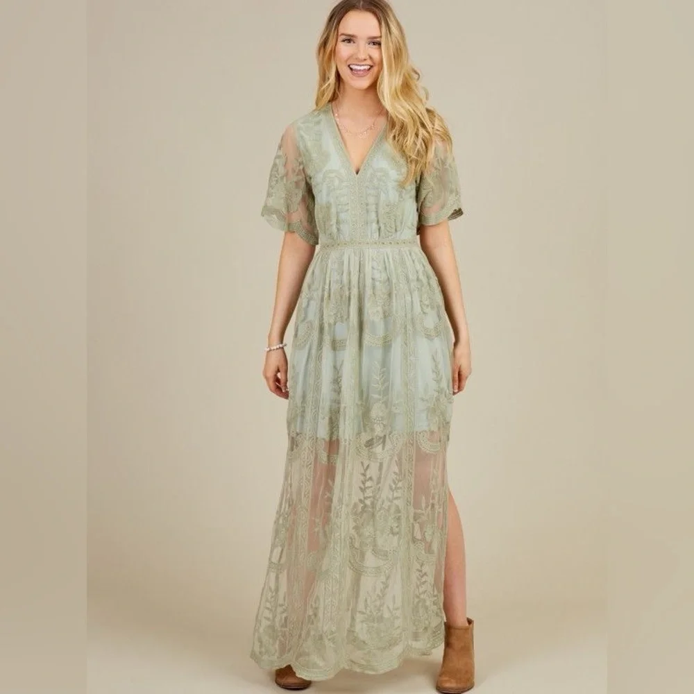Altar'd State Light Sage Lace V‑Neck Maxi Dress - Picture 1 of 8
